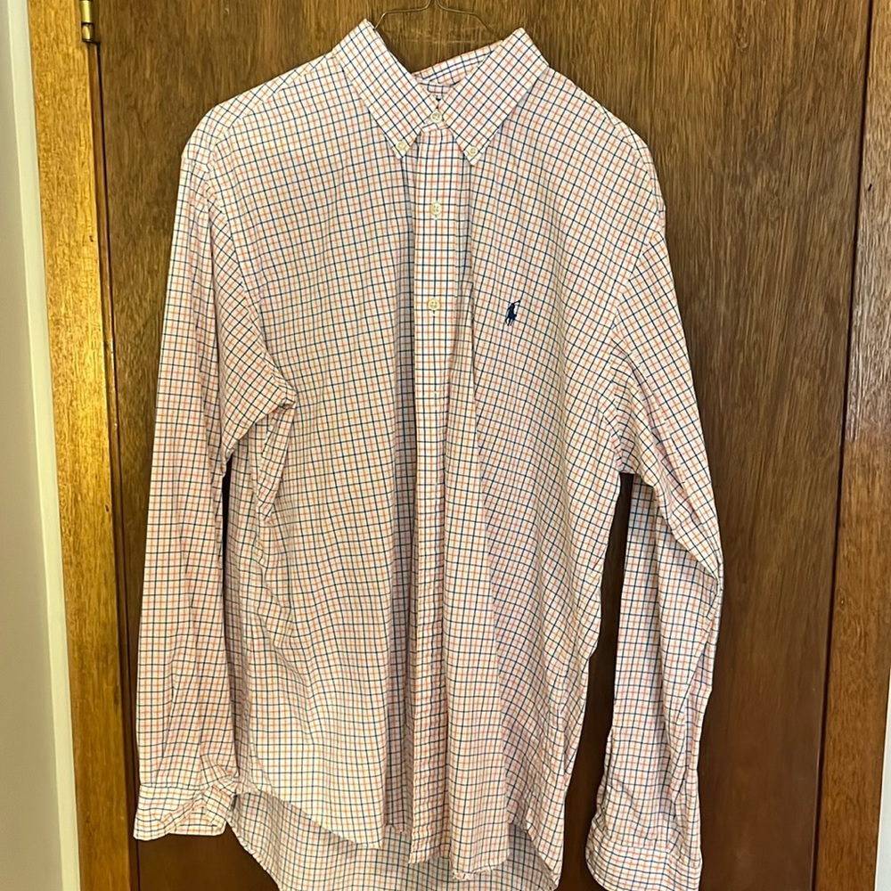 Ralph Lauren Men’s Dress Shirt Men’s Large, Orange and Blue Checkered Pattern